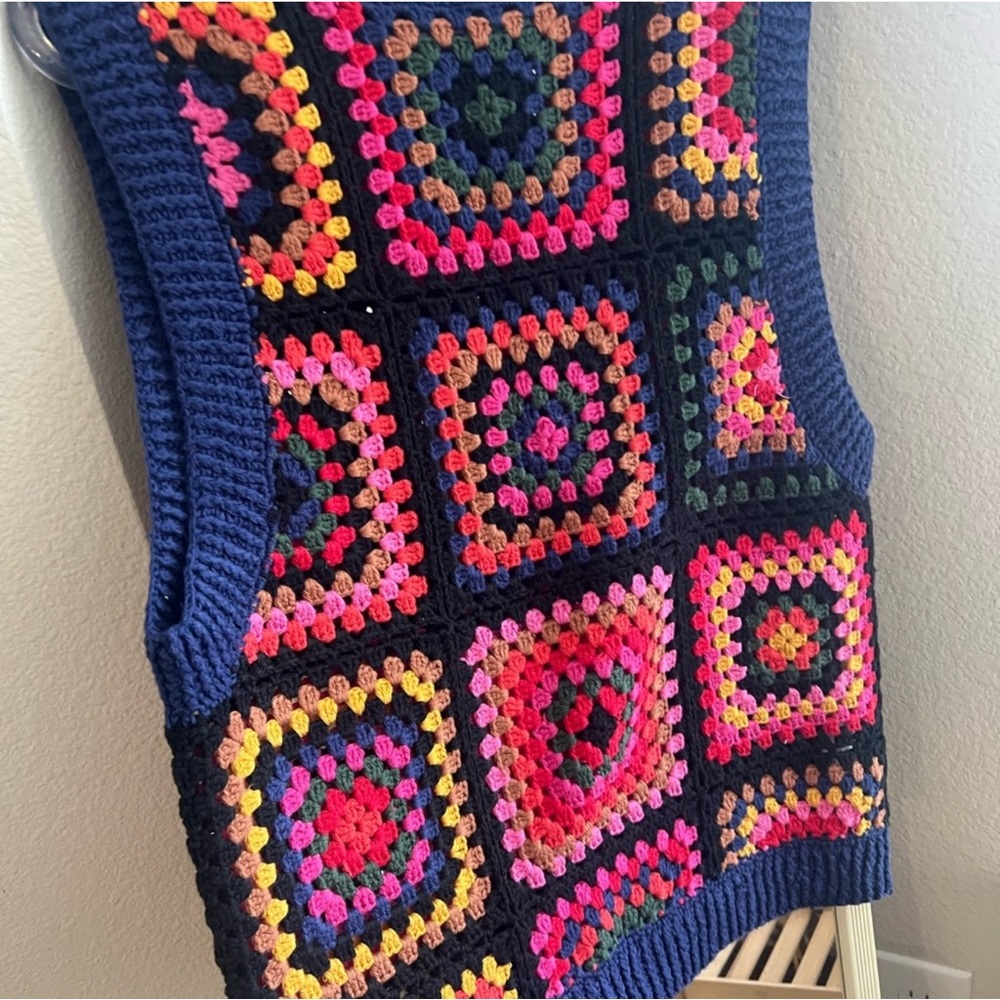 FARM Rio Navy Crochet Granny Square Sweater Vest with Bright Multicolor Accents